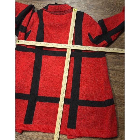 New Directions Cardigan Womens M Red Black Open Front Duster Sweater Knit Pocket - Picture 5 of 5